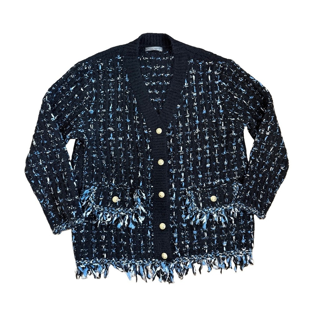 Anthropologie LG Tweed Fringe Cardigan Sweater Black/Blue/Gold Accents Chunky